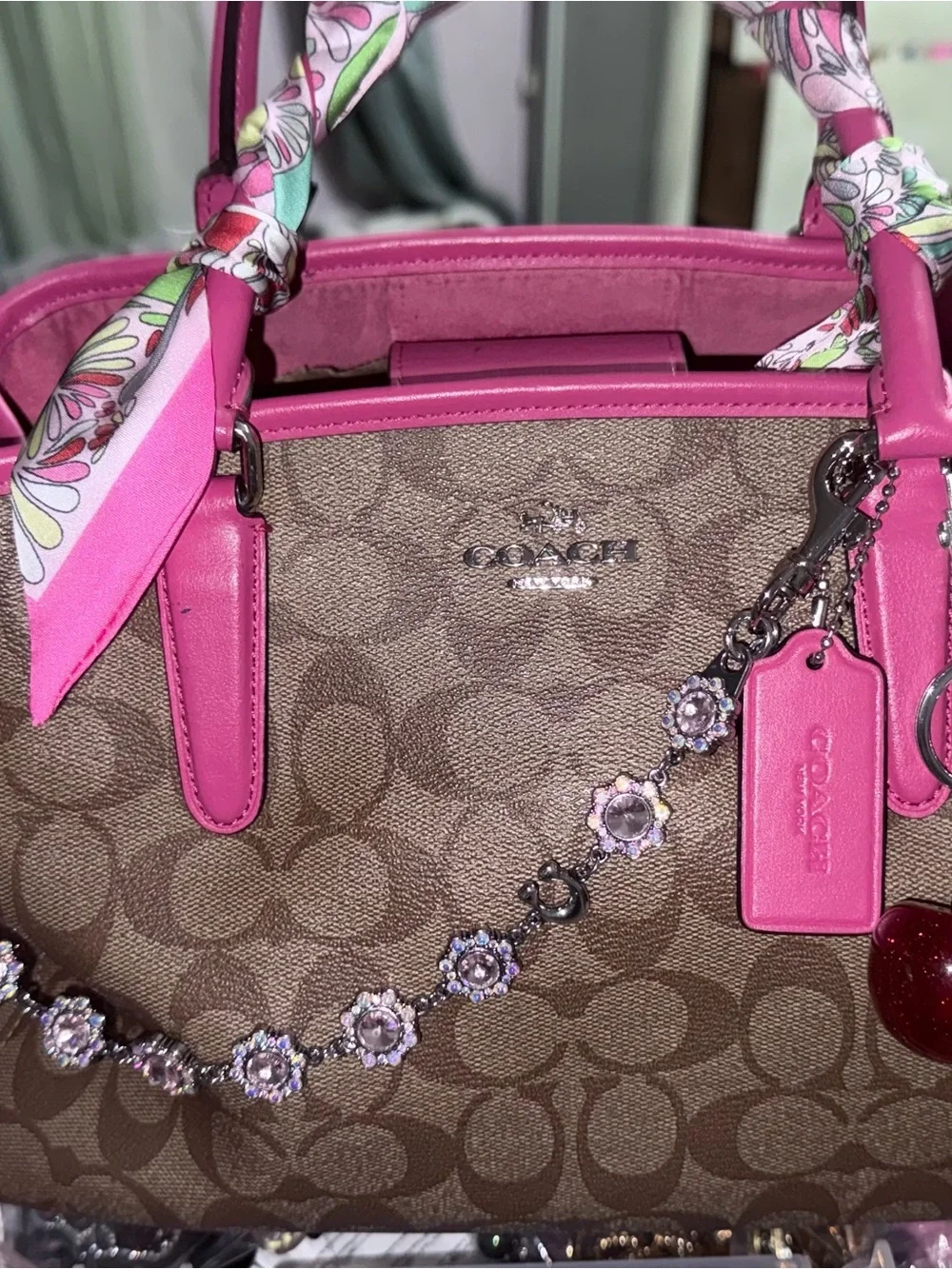 Coach Brown Monogram Satchel with Pink Trim and Cherry Charm